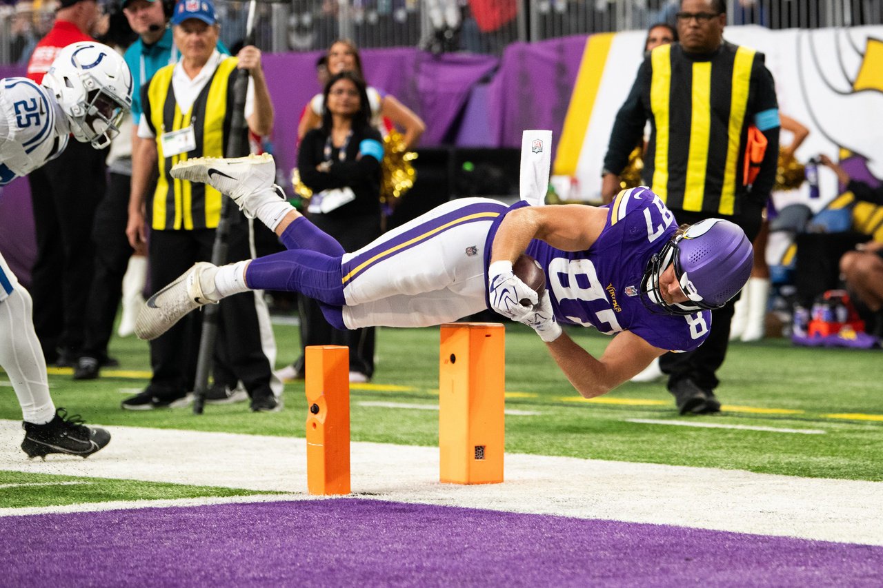 T.J. Hockenson of the Minnesota Vikings scores a receiving touchdown against the Indianapolis Colts during the fourth quarter of the game at U.S. Bank Stadium on October 25, 2026 in Minneapolis, Minnesota.