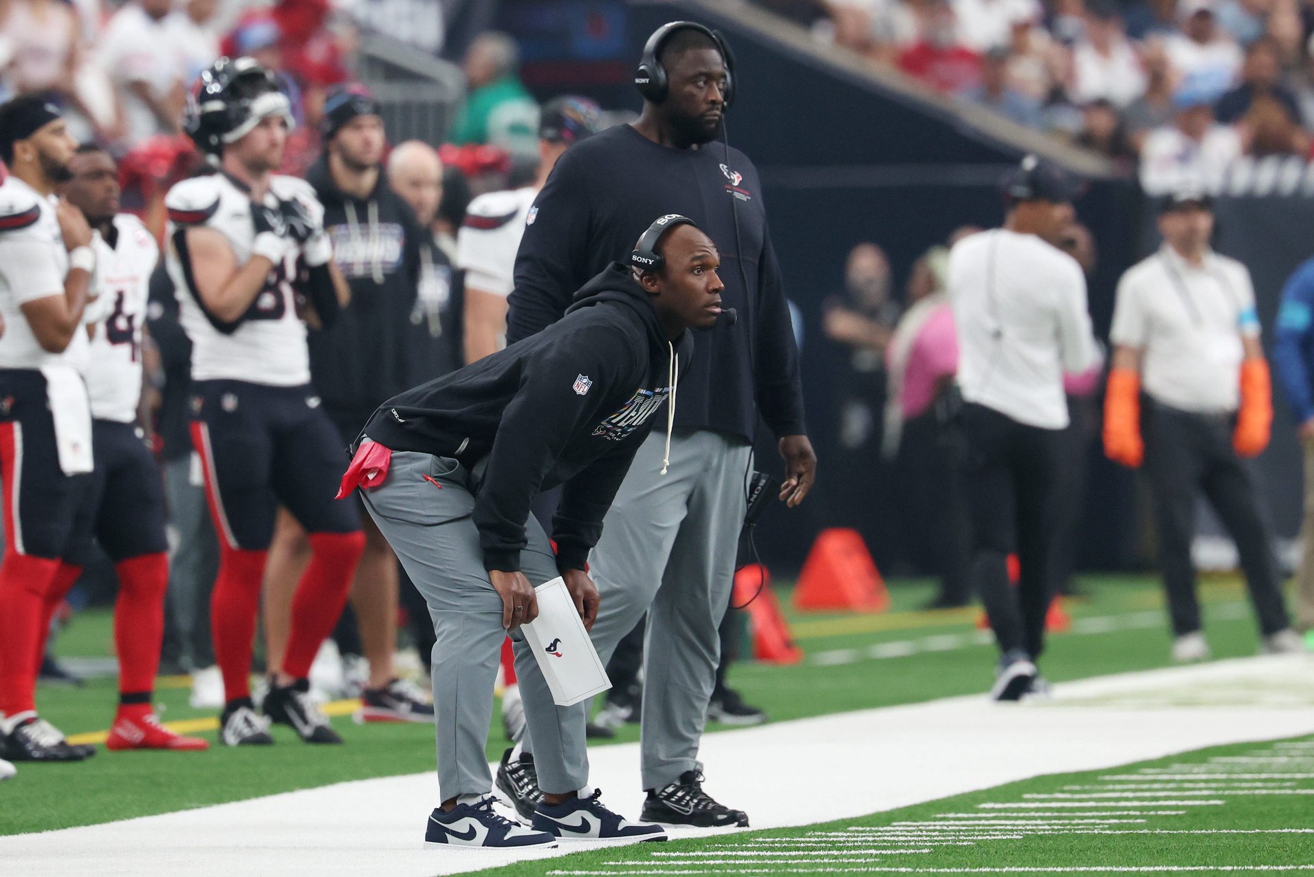 Oct 4, 2026; Houston, Texas, USA;  Houston Texans head coach DeMeco Ryans on the sidelines against the Dallas Cowboys during the second quarter at Reliant Stadium.  Mandatory Credit: Thomas Shea-Imagn Images