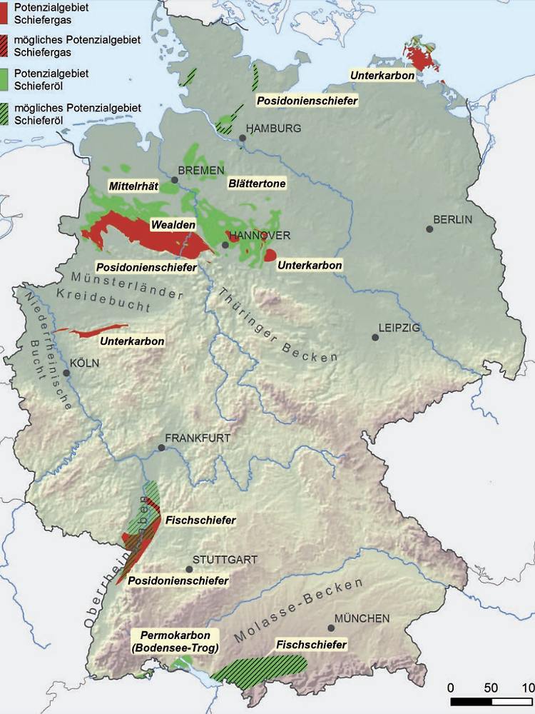 Możliwe obszary szczelinowania w Niemczech (Źródło: BGR).