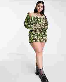 Frayed edge corset top in floral camo co-ord