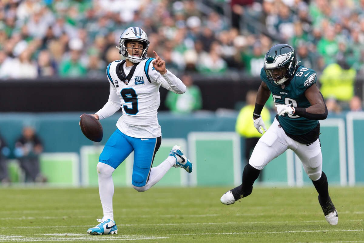 Bryce Young, in his fourth season, has had the best statistical start of his career. He’s shown here playing against the Eagles on the road in 2024.