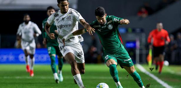 Joao alencar e flaco lopez disputam bola durante santos x palmeiras pelo brasileirao