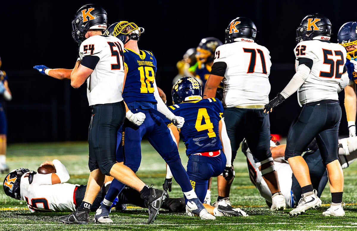 Southridge senior defensive end Dallas Doherty (18) celebrates a defensive stop against Kennewick during the Suns' Mid-Columbia Conference championship game Thursday at Neil F. Lampson Stadium in Kennewick. Southridge secured its first MCC football championship since 2008.