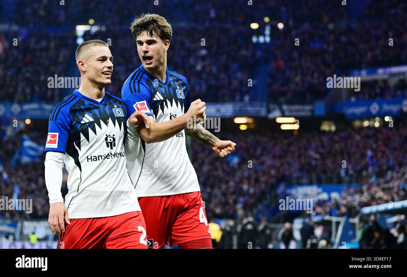 Goal celebration from left miro muheim luka vuskovic hsv hamburg hamburg november football bundesliga hsv hamburg stuttgart
