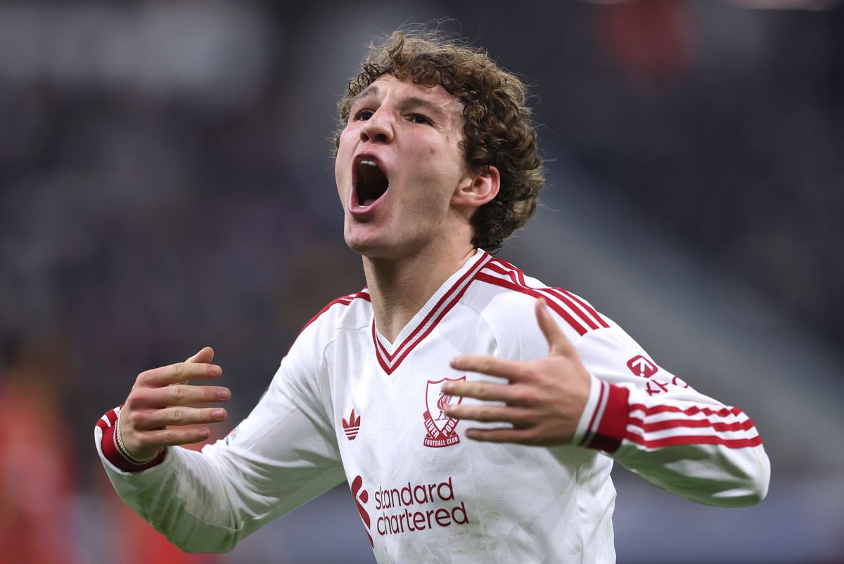 Lewis Koumas of Liverpool celebrates scoring his team’s sixth goal during the UEFA Champions League match against LASK on October 14 2026 in Linz, Austria
