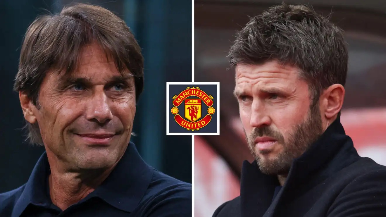 Split image of Former Napoli manager Antonio Conte and Man Utd boss Michael Carrick, with the Manchester United badge in between - copyright F365