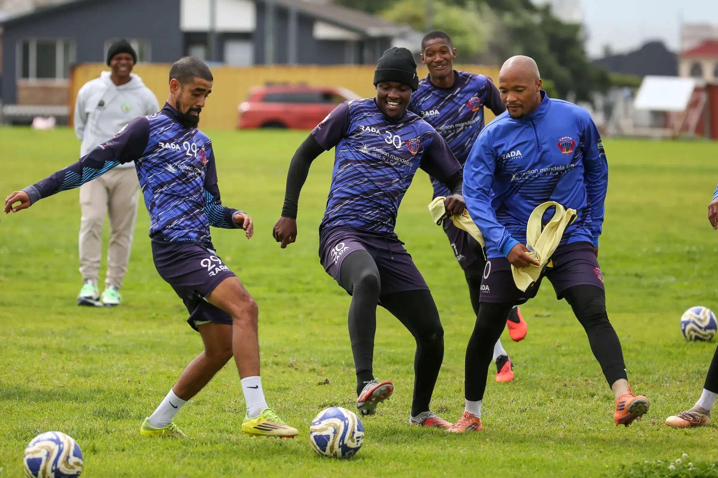 Chippa United players Abbubaker Mobara, Tshepang Makara and Goodman Mosele test their skills during a training session this week.
