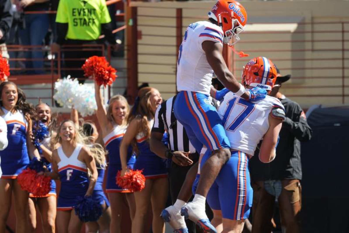 Florida tight end Lacota Dippre (17) celebrates his 7-yard touchdown catch with teammate Dallas Wilson (6) during the second quarter of the Gators' 27-24 victory over Texas Saturday in Austin, Texas. ©Eric Gay