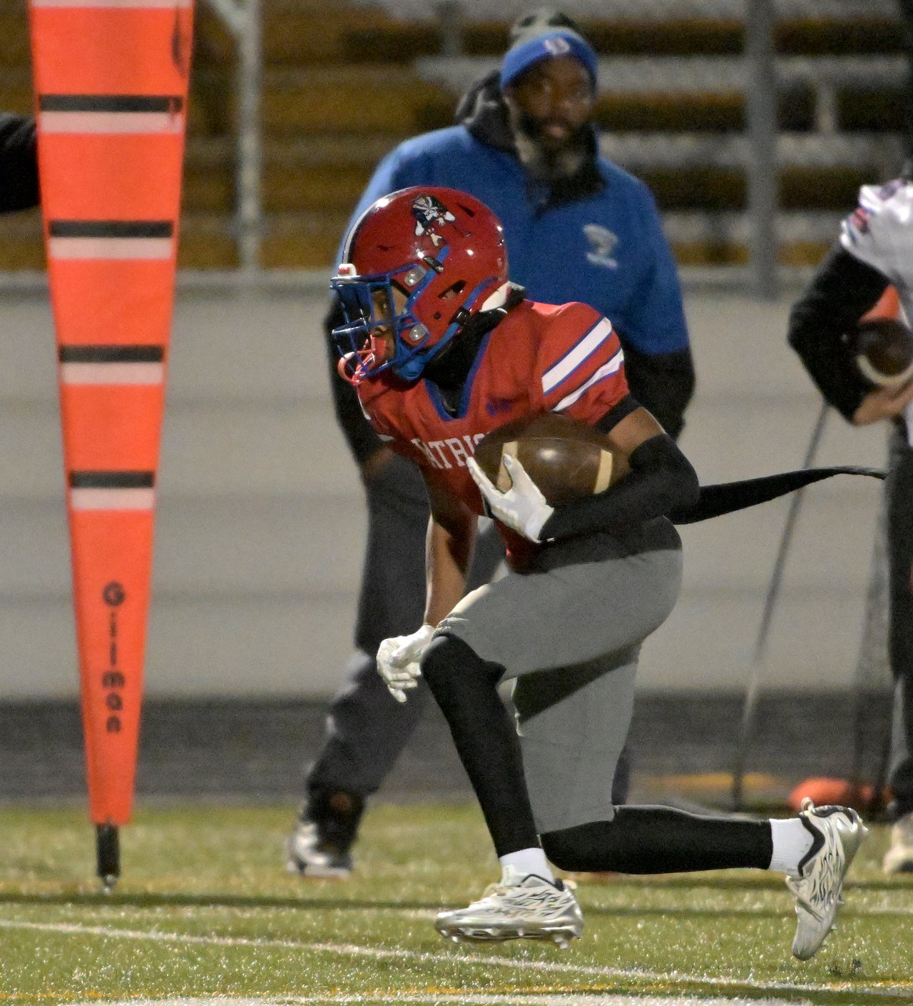 Old Mill Patriots Devonte Reaves #4 gains yards after a catch in the second quarter. The Annapolis Panthers host the visiting Old Mill Patriots in a high school football held at Severna Park High School Friday evening. (Paul W. Gillespie/Staff)