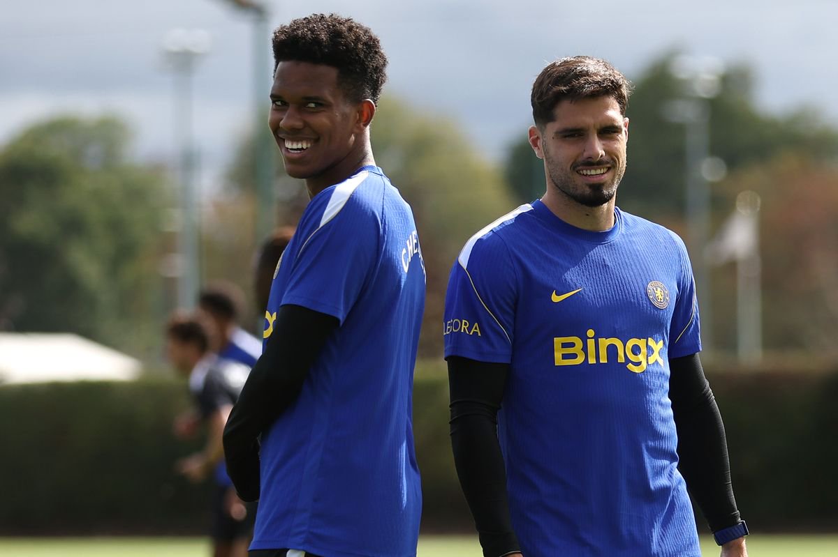 Estevao Willian of Chelsea and Pedro Neto of Chelsea during a training session at Chelsea Training Ground on September 17, 2026 in Cobham, England