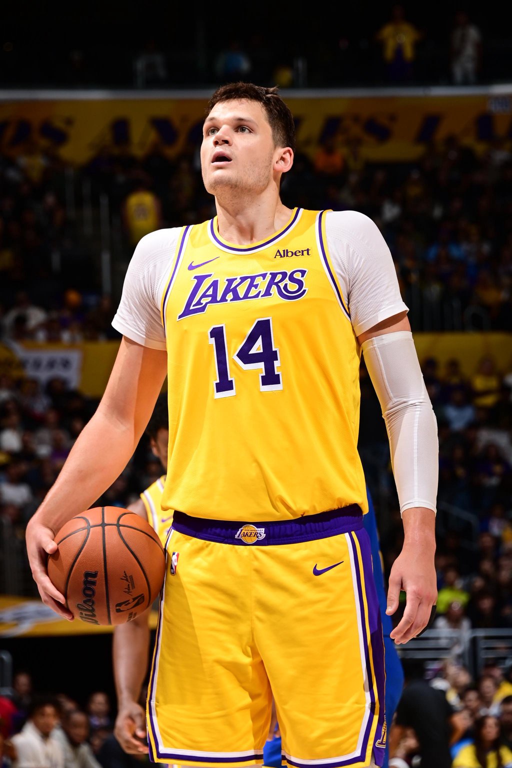 Walker Kessler of the Los Angeles Lakers prepares to shoot a free throw during a game against the Golden State Warriors at Crypto.Com Arena in Los Angeles, Wednesday, Oct. 21, 2026.