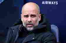 Pep Guardiola, Manager of Manchester City, looks on prior to the Premier League match between Manchester City and Luton Town at Etihad Stadium on A...