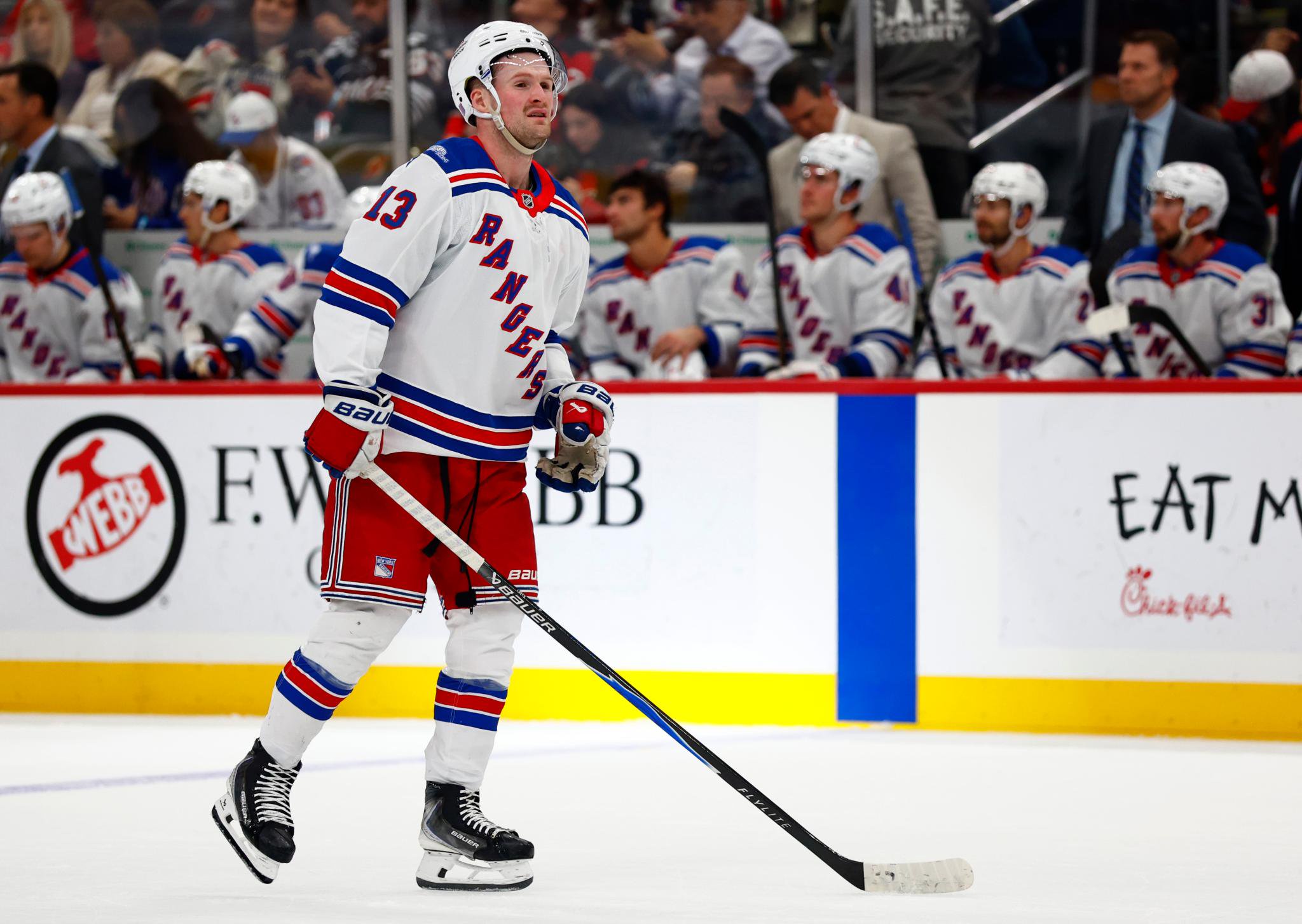 New York Rangers left wing Alexis Lafreniere (13) on the ice during a game against the New Jersey Devils.