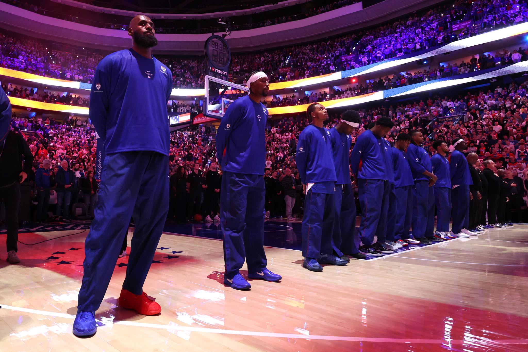 LeBron James #23 of the Philadelphia 76ers looks on prior to a game against the Cleveland Cavaliers at Xfinity Mobile Arena.