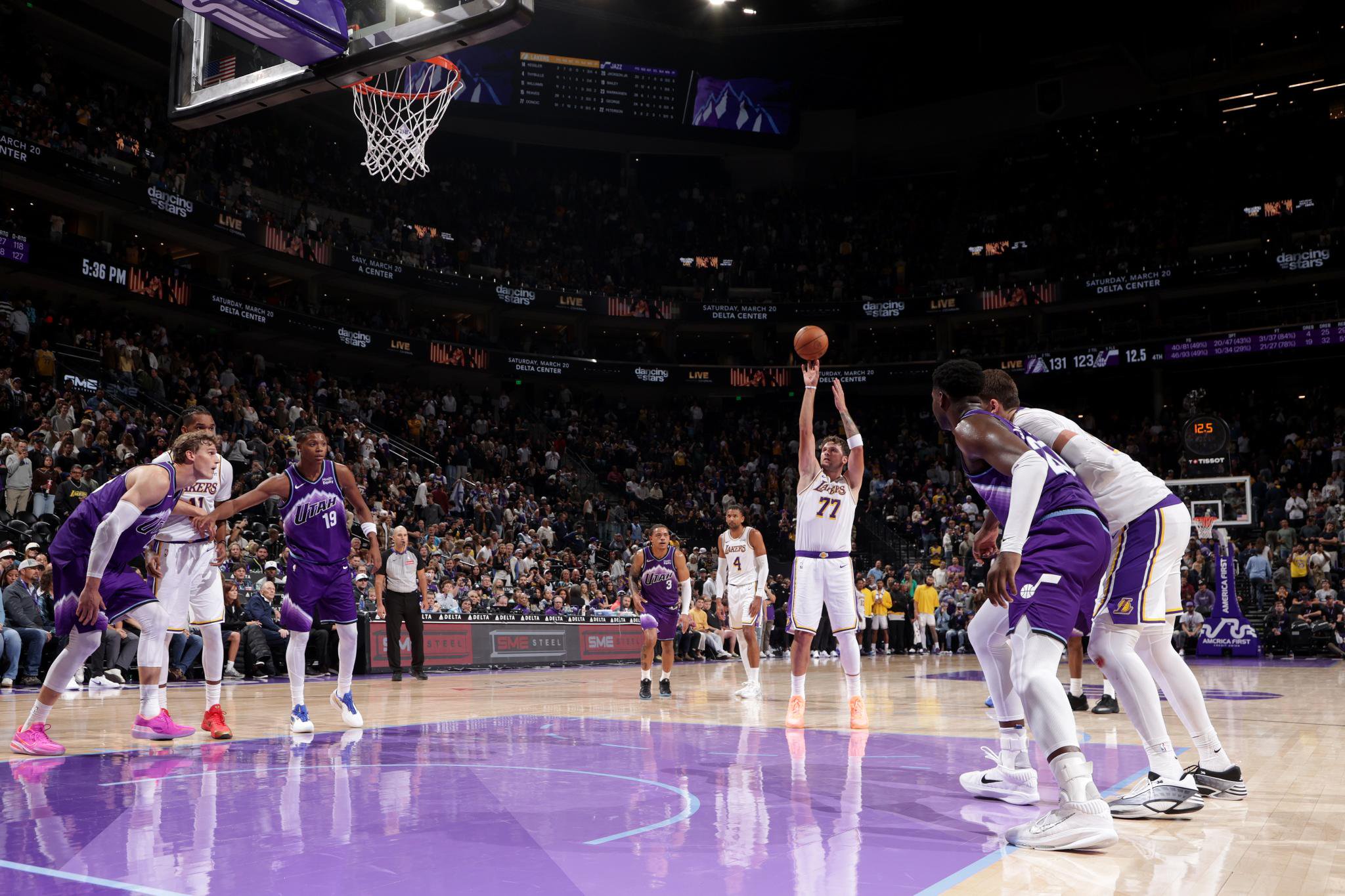 Luka Doncic of the Los Angeles Lakers shoots a free throw during a game against the Utah Jazz.