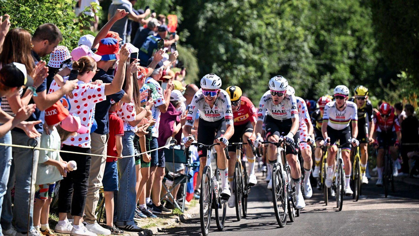Tour De France cyclists racing on a road past crowds of people cheering