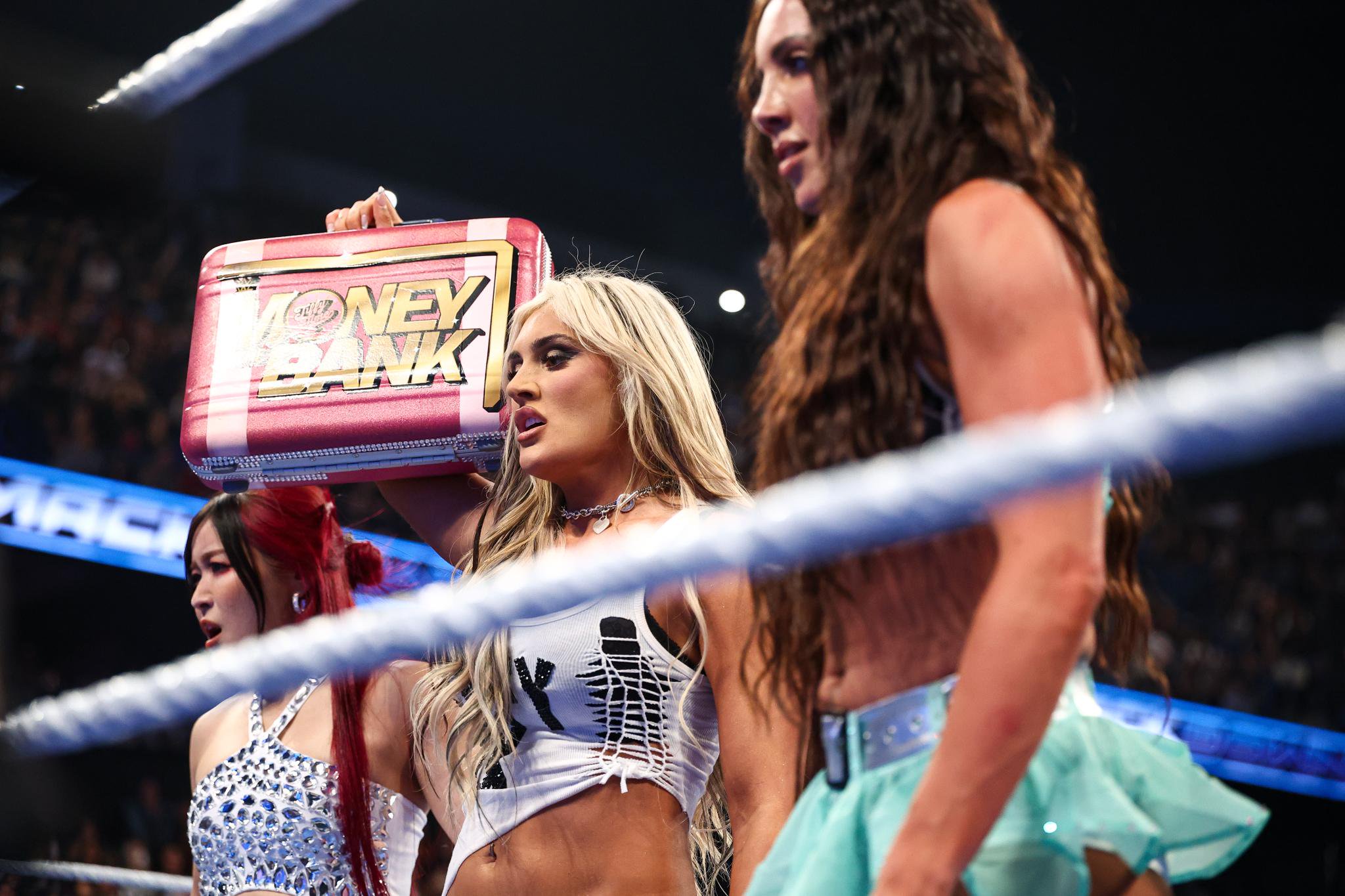 IYO SKY, Tiffany Stratton and Chelsea Green look on during SmackDown at Toyota Arena on October 23, 2026.