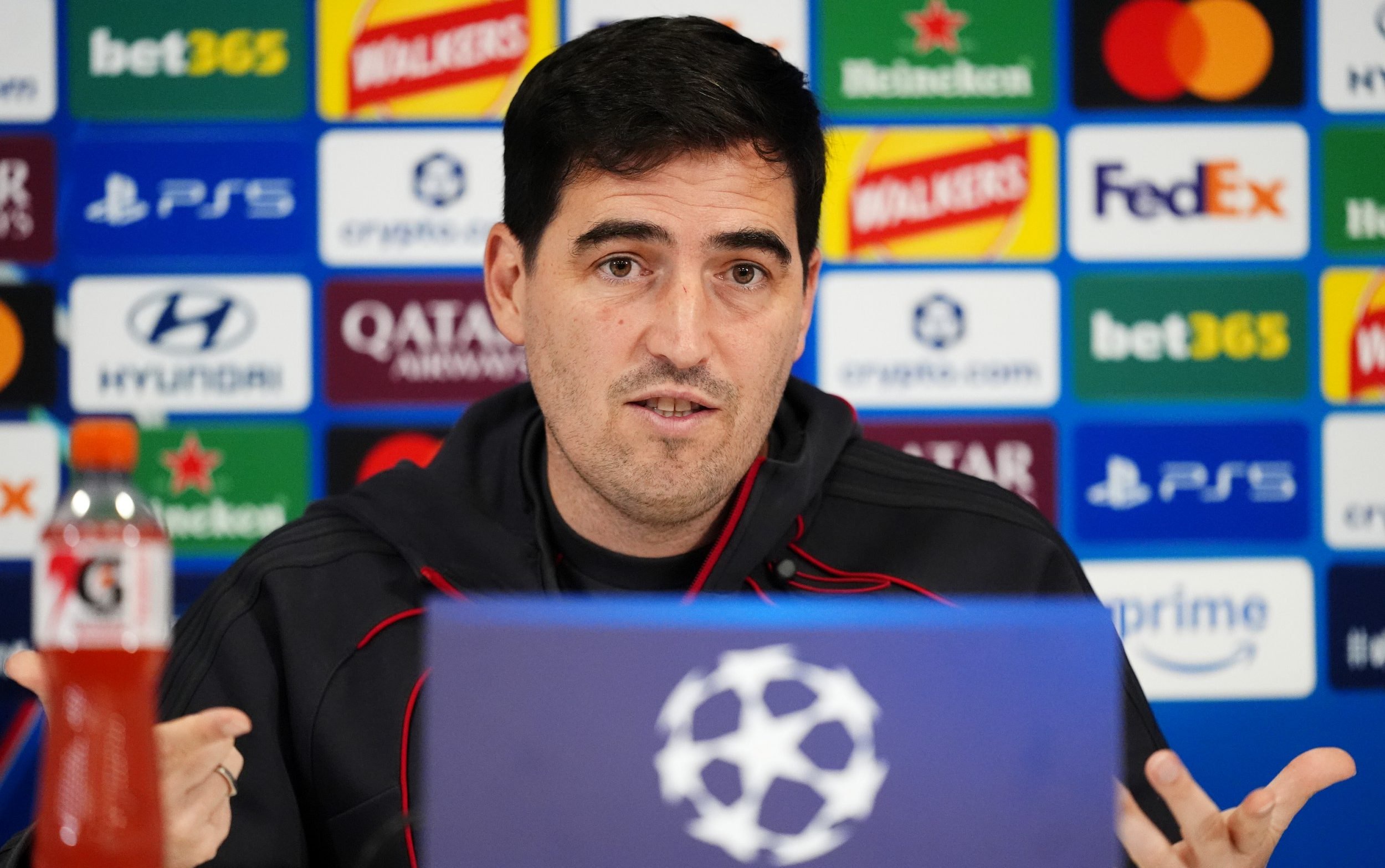 Liverpool manager Andoni Iraola during a press conference