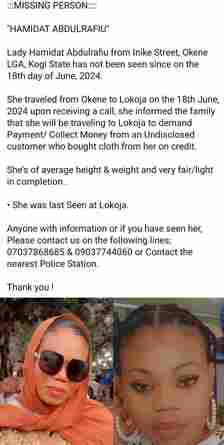 Woman declared missing in Kogi after leaving home to collect money from a customer who bought clothes on credit