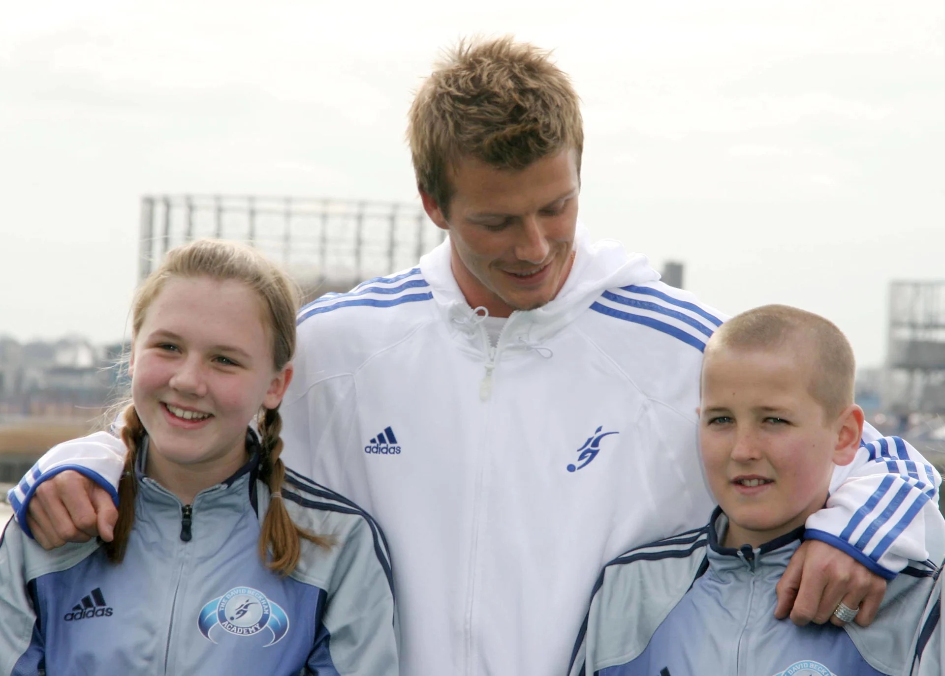 David Beckham with a young Harry Kane and future wife Kate Goodland at the press conference to launch his first soccer academy for kids, The Chainstore, London - 14 March 2005 - (Photo by Famous Images/Sipa USA)/54362894//2407041322