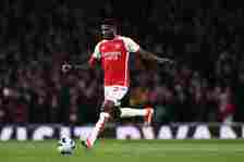Thomas Partey of Arsenal FC controls ball during the Premier League match between Arsenal FC and Luton Town at Emirates Stadium on April 3, 2024 in...
