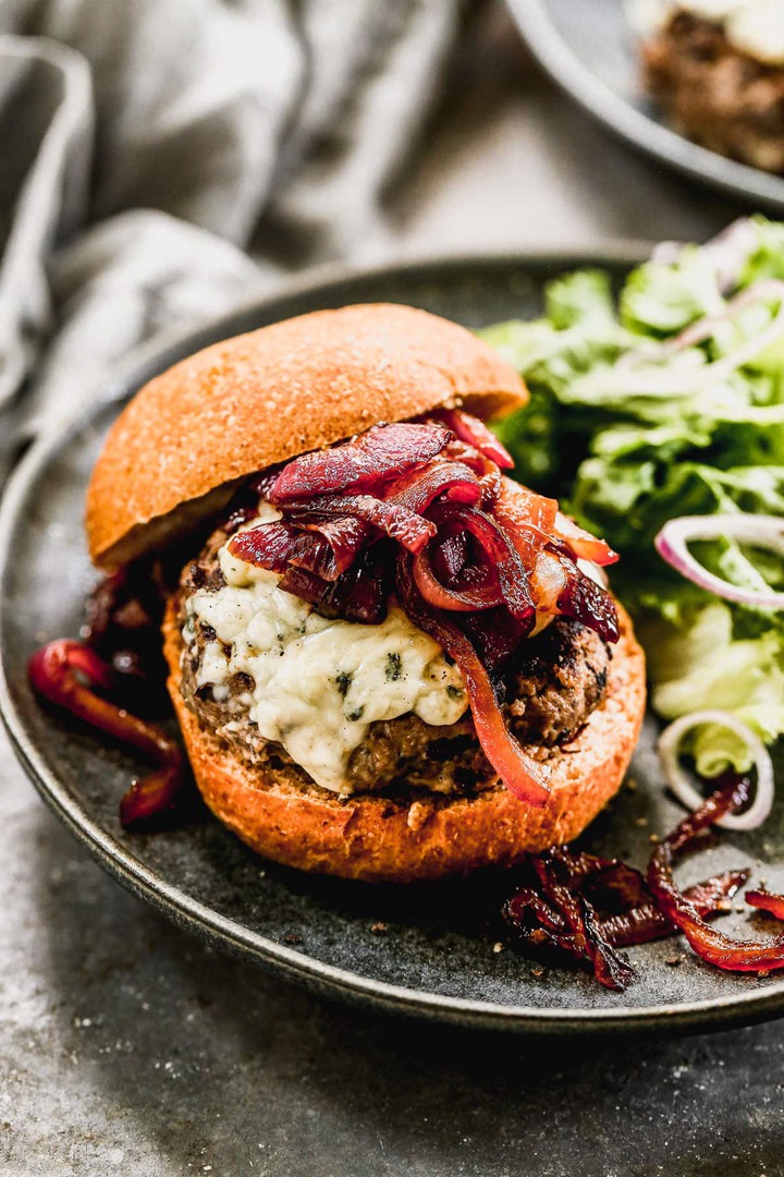 caramelized red onion marmalade on a blue cheese burger