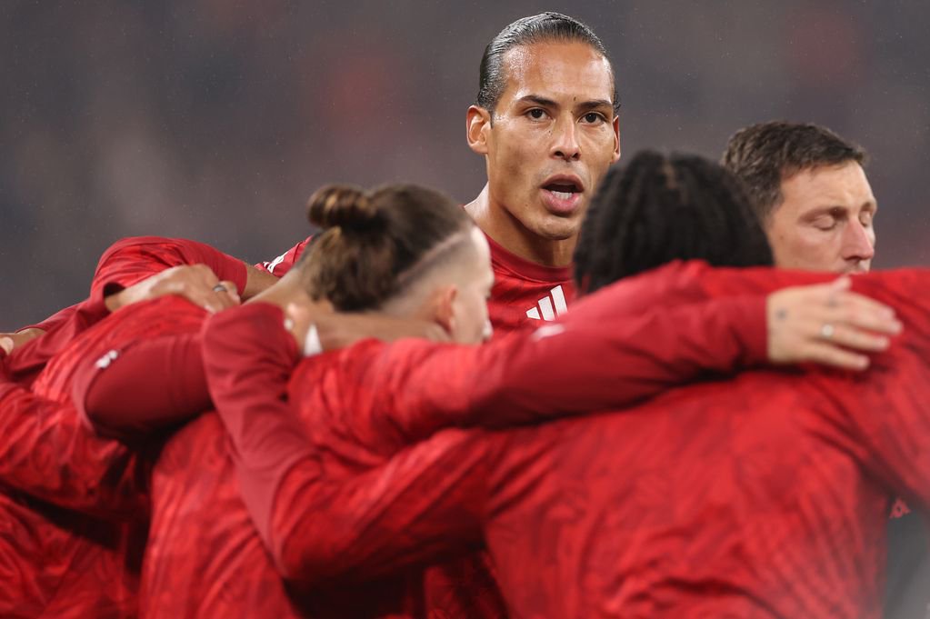 LIVERPOOL, ENGLAND - OCTOBER 20: Virgil van Dijk of Liverpool looks up from a huddle during the warm up during the UEFA Champions League 2026/27 League Phase MD3 match between Liverpool FC and Villarreal CF at Anfield on October 20, 2026 in Liverpool, England. (Photo by Stu Forster/Getty Images)