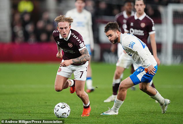 Nicolas Rankin battles for the ball with Hearts winger Calvin Miller