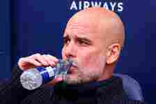 Manchester City manager Josep Guardiola takes a drink during the Premier League match between Manchester City and Wolverhampton Wanderers at Etihad...
