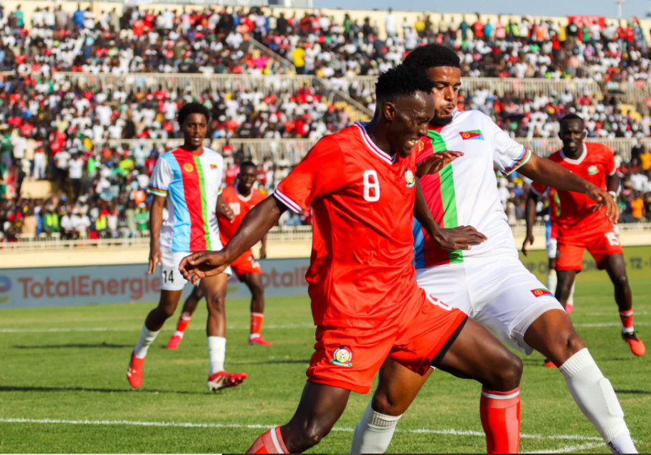 Harambee Stars midfielder Duke Abuya challenges for the ball against an Eritrean player in the 2027 AFCON qualifier on Saturday, September 26, 2026 at Nyayo National Stadium. PHOTO/https://www.facebook.com/elijah.mwangi.961/photos