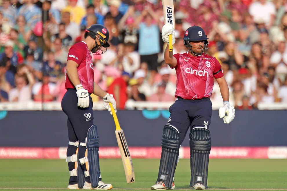 Ricardo Vasconcelos raises his bat after reaching 50 in the Blast final (Picture: Peter Short)