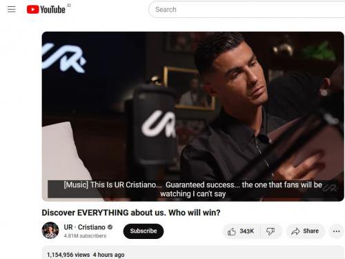 Channel YouTube Cristiano Ronaldo tembus hampir 5 juta subscriber hanya dalam waktu 5 jam setelah diluncurkan. (Foto: YouTube Cristiano Ronaldo)