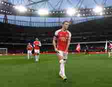 Martin Odegaard of Arsenal before the Premier League match between Arsenal FC and Chelsea FC at Emirates Stadium on April 23, 2024 in London, England.