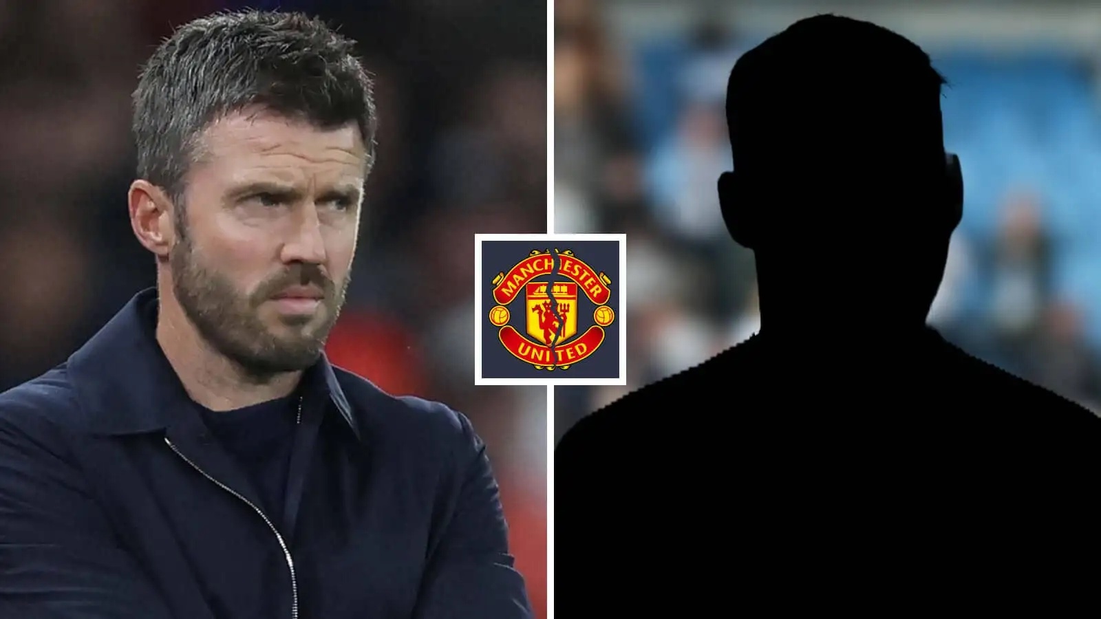 Split image of Manchester United manager Michael Carrick and a shadow, with the broken Manchester United badge in between - copyright TEAMtalk