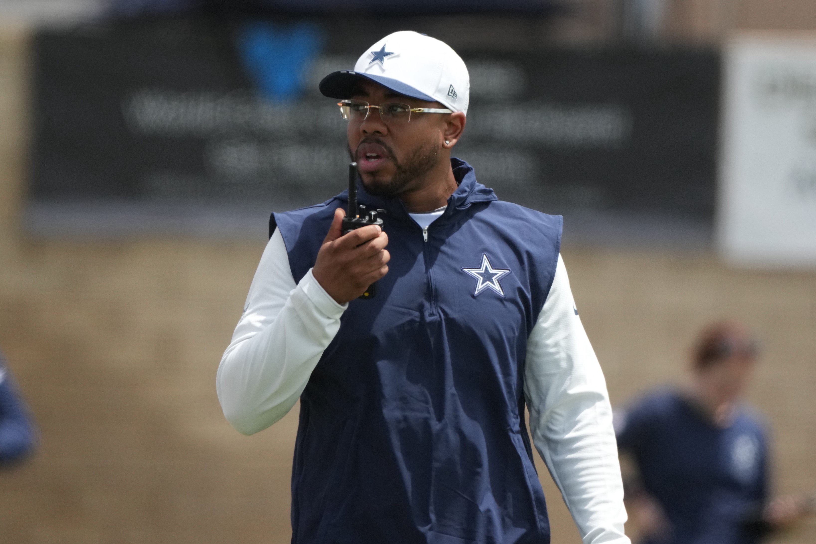 Jul 29, 2026; Oxnard, CA, USA; Dallas Cowboys defensive coordinator Christian Parker at training camp at River Ridge Playing Fields. Mandatory Credit: Kirby Lee-Imagn Images