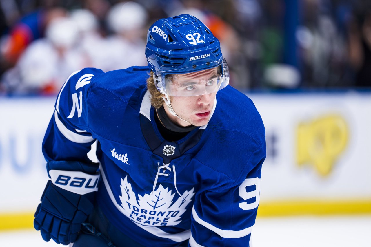 TORONTO, CANADA - OCTOBER 17: Gavin McKenna #92 of the Toronto Maple Leafs looks on against the New York Islanders during the first period in their NHL game at Scotiabank Arena on October 17, 2026 in Toronto, Canada. (Photo by Mark Blinch/NHLI via Getty Images)