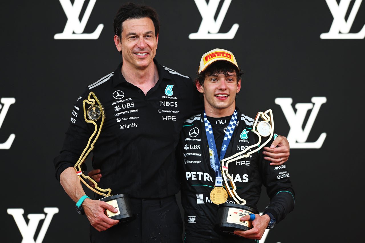 Toto Wolff with protege Kimi Antonelli after his victory in Monaco in June (Getty)