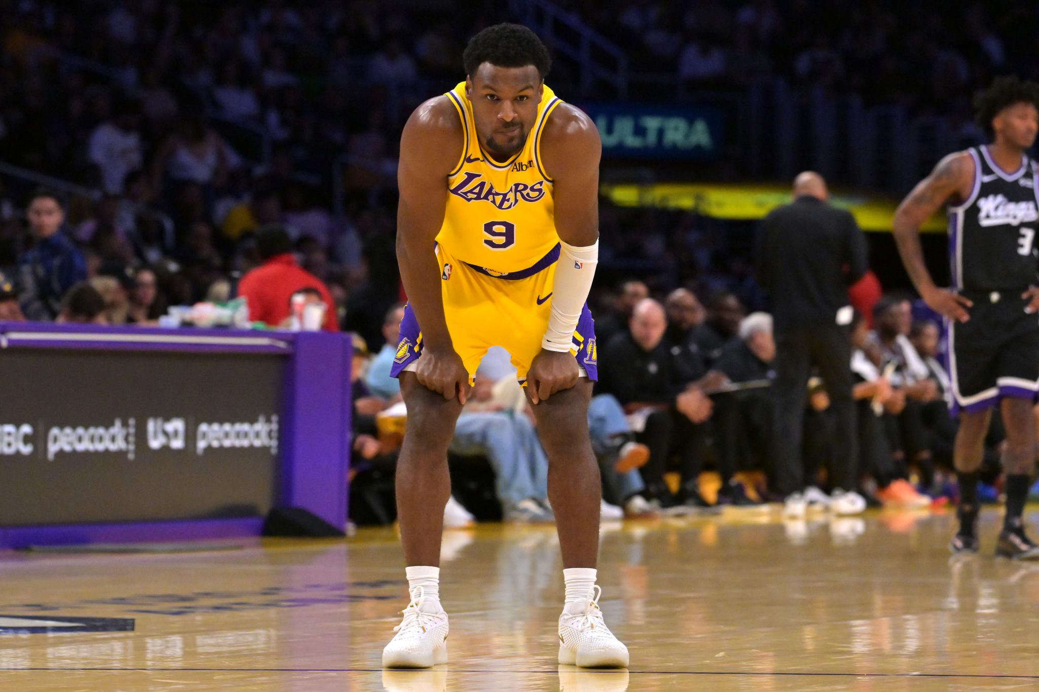 Los Angeles Lakers guard Bronny James (9) looks on against the Sacramento Kings during a game at Crypto.com Arena