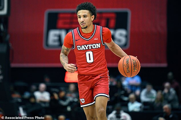 FILE - Dayton guard Javon Bennett (0), who has since transferred to Gonzaga, brings the ball up the court against BYU during the first half of an NCAA college basketball game, Friday, Nov. 28, 2025, in Kissimmee, Fla. (AP Photo/Phelan M. Ebenhack, File)