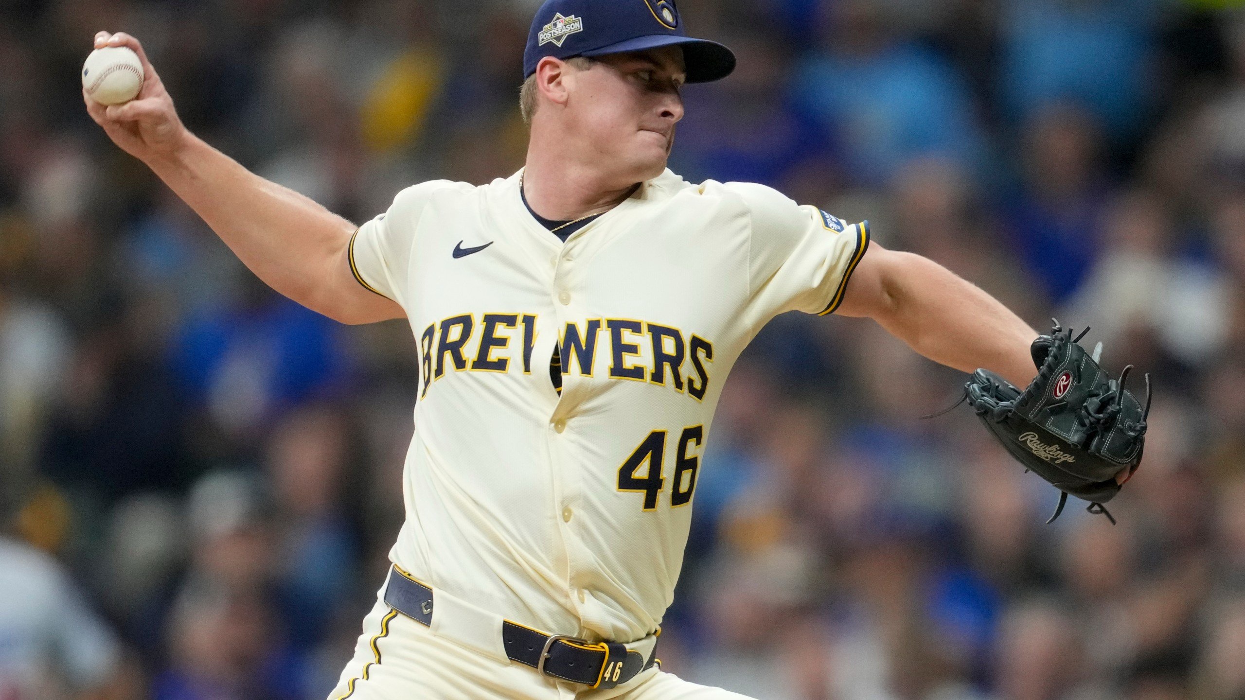 FILE - Milwaukee Brewers pitcher Quinn Priester throws against the Los Angeles Dodgers during the second inning in Game 1 of baseball's National League Championship Series, Oct. 13, 2025, in Milwaukee. (AP Photo/Ashley Landis, File)
