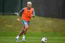 Bruno Guimaraes looks to pass the ball  during the Newcastle United Training session at the Newcastle United Training Centre on May 01, 2024 in New...