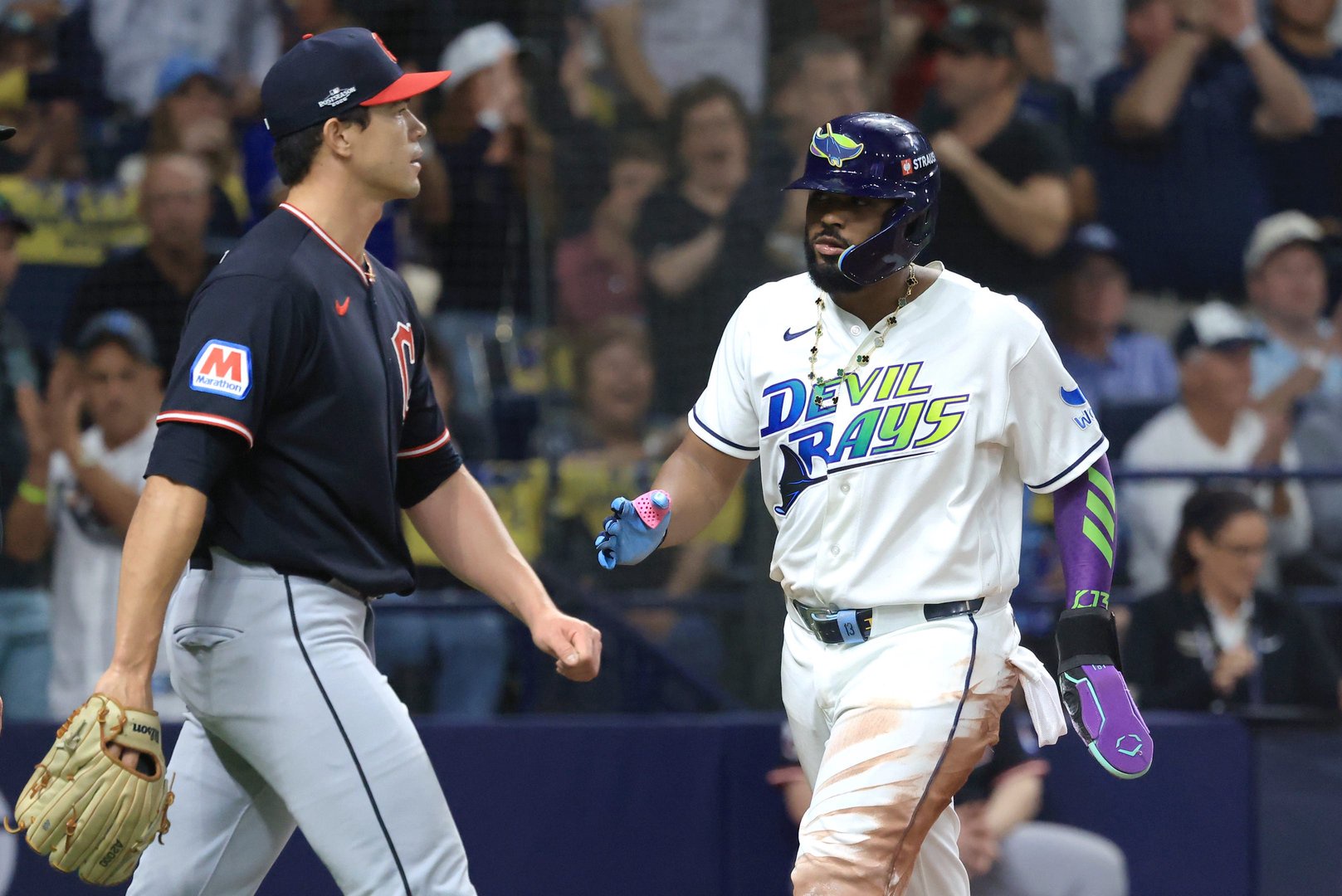 Tampa Bay Rays third baseman Junior Caminero (13) reacts after scoring a run against the Cleveland Guardians during the third inning in game six of the ALCS for the 2026 MLB Playoffs at Tropicana Field.