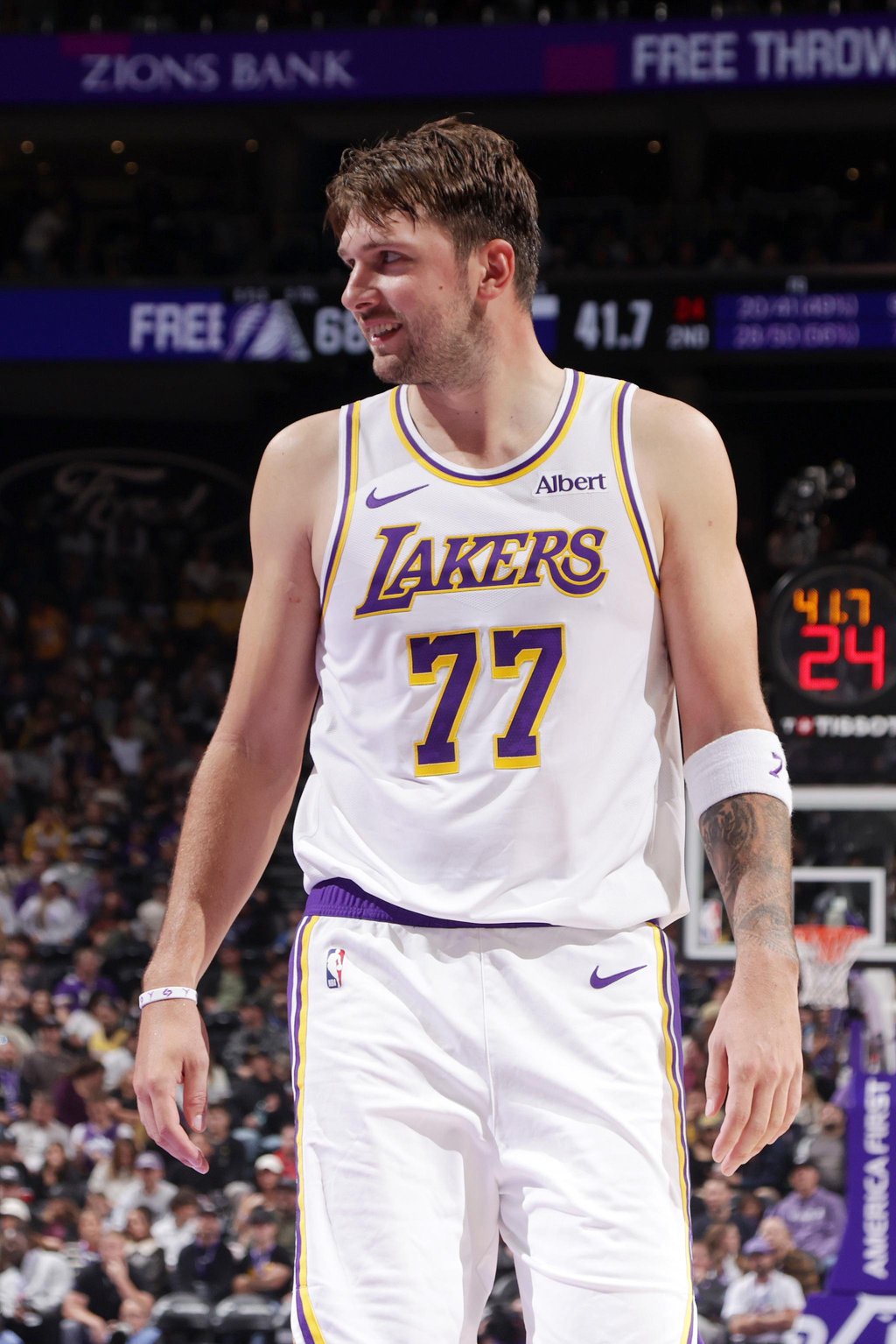 Luka Doncic #77 of the Los Angeles Lakers smiles during the game against the Utah Jazz on Sunday, October 25, 2026, at Delta Center in Salt Lake City.