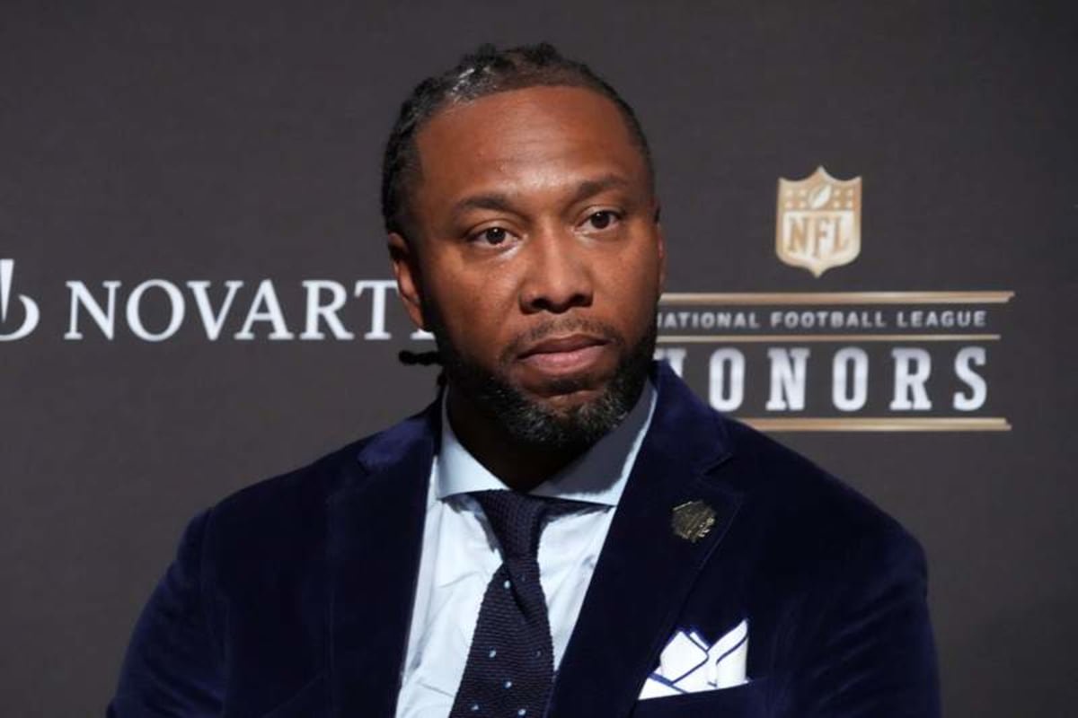 Feb 5, 2026; San Franciso, CA, USA; Larry Fitzgerald during a press conference introducing the NFL Hall of Fame Class of 2026 at Palace of Fine Arts. © Kirby Lee-Imagn Images
