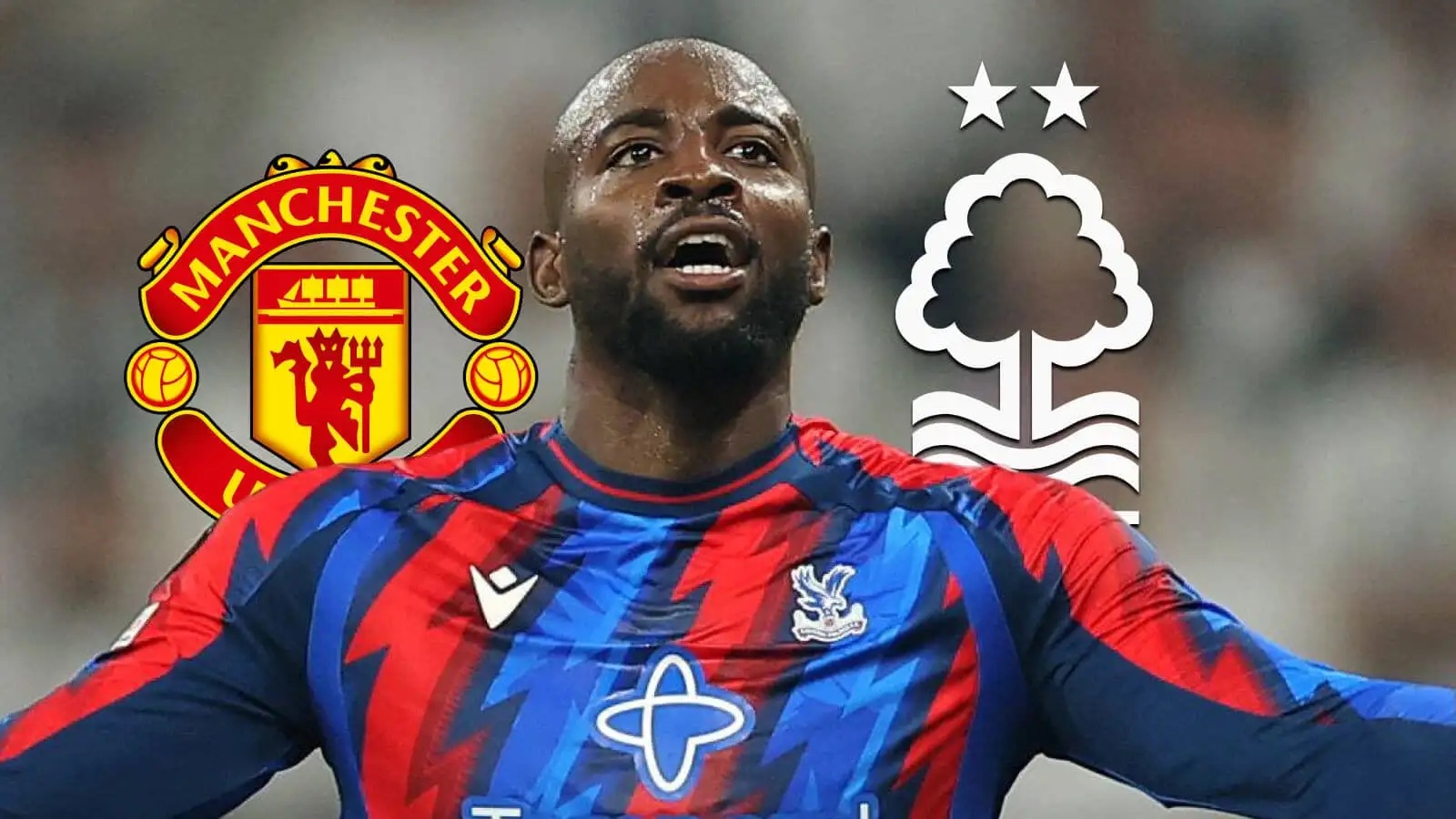 Crystal Palace striker Jean-Philippe Mateta, Man Utd and Nottingham Forest badges