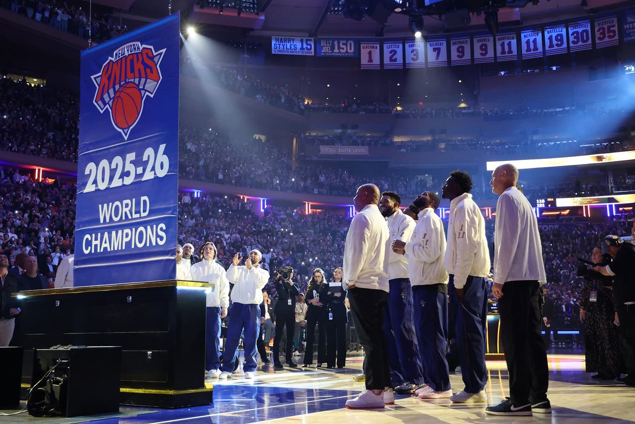 The New York Knicks’ championship banner debuts at MSG on Oct. 20, 2026.Credit: Sarah Stier/Getty