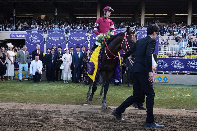 FILE - Ryusei Sakai is escorted off the Winner's Circle after riding Forever Young to victory in the Breeders' Cup Classic horse race, Nov. 1, 2025, in Del Mar, Calif. (AP Photo/Gregory Bull, File)