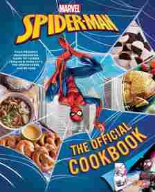 Marvel: Spider-Man: The Official Cookbook cover, featuring Spider-Man holding a slice of pizza while hanging upside down, surrounded by delicious food.