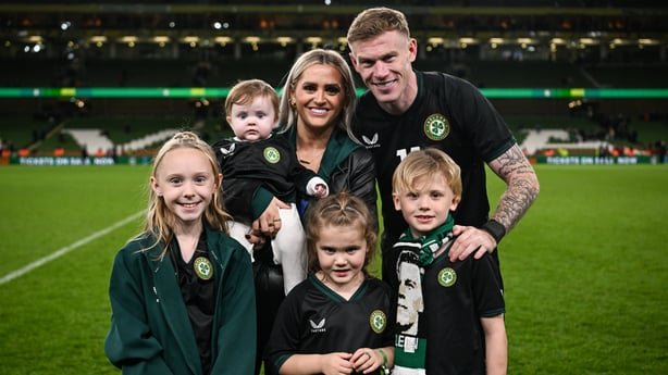 James McClean with his wife Erin, daughters Allie Mae, Willow Ivy, Mia Rose and son Junior James after winning his final Irish cap in 2023