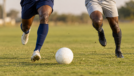 Two players chasing a football across sunlit grass